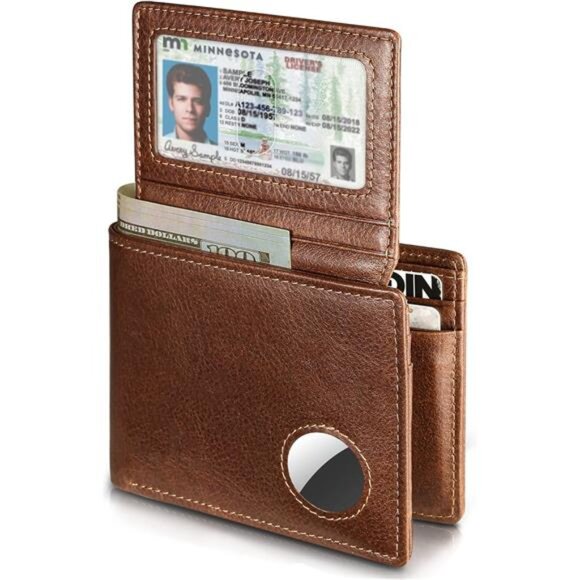 Mens Wallet With AirTag Holder, Bifold Leather RFID Blocking 1-2 ID Windows - Picture 1 of 7